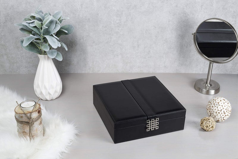 Glenor Co 12 Section Necklace Organizer - Large Mirror - 2 Trays - PU Leather - Black - Jewelry Box - Modern Buckle Closure - Fits Necklace & Bracelet - Jewelry Holder for Women Teens & Girls - Image 5